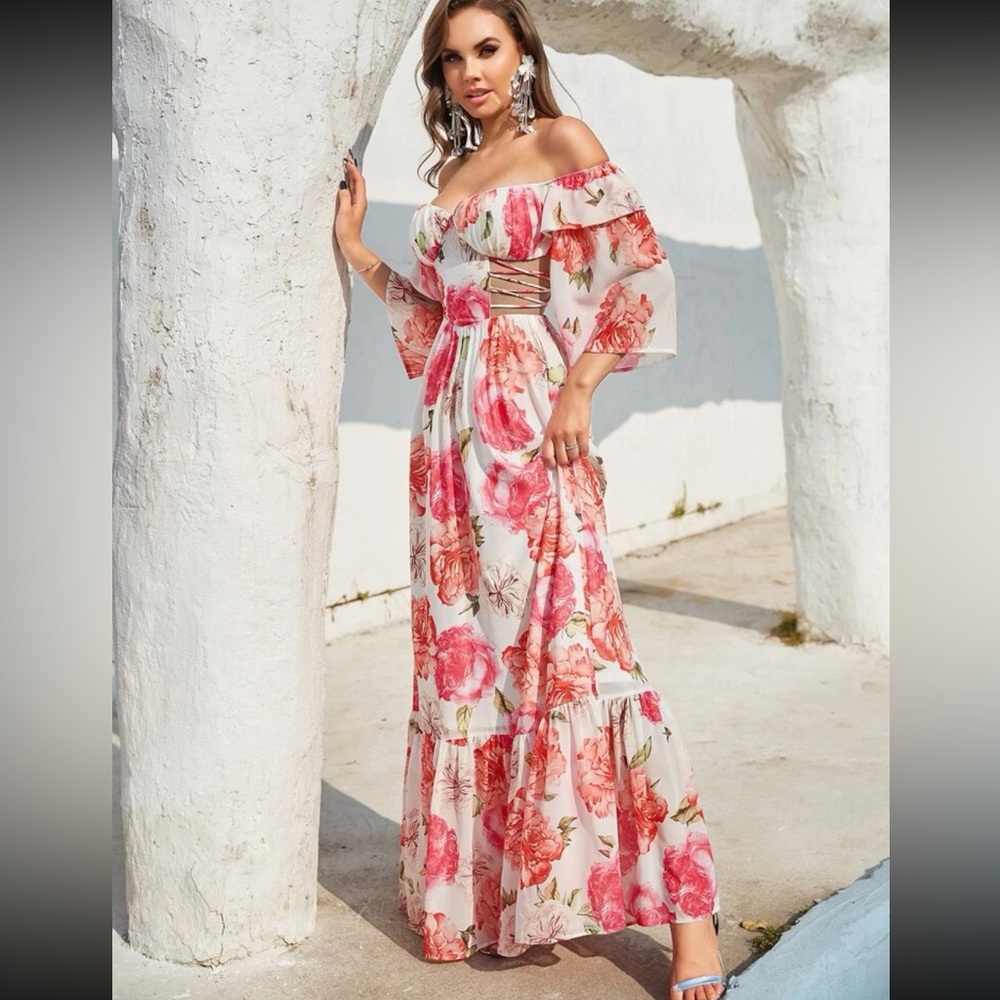 🔥FINAL SALE🔥 Off The Shoulder Floral Print Cut Out Maxi Dress - Picture 9 of 9